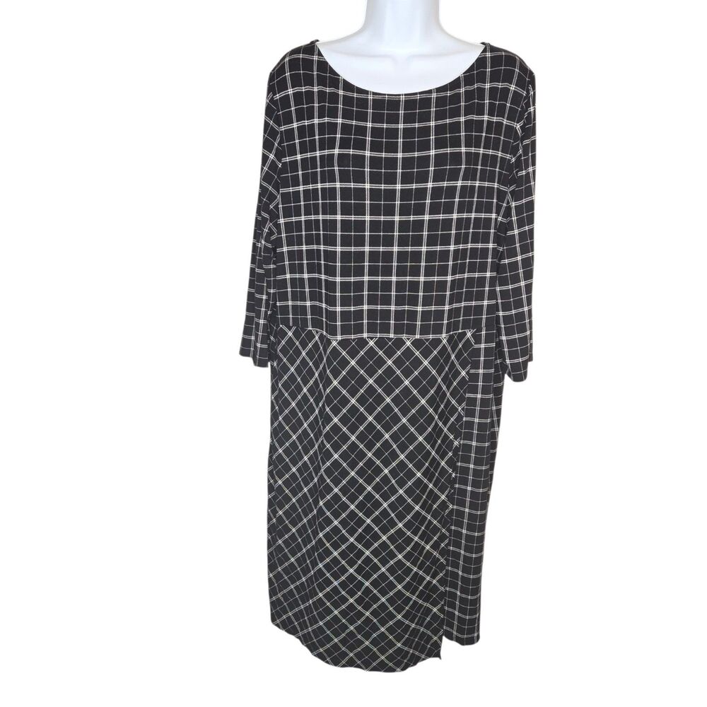 J.Jill Wearever Mixed Plaid Faux Wrap Knit Dress Black White XL 164901